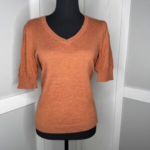 Loft Outlet Sweater Womens MP Orange Short Puff Sleeve V-Neck Knit Top